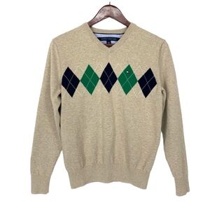 Tommy Hilfiger Men’s Argyle V-Neck Sweater Oatmeal Tan Green Navy White Size XS